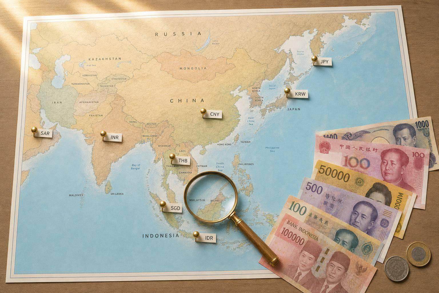 What are the Asian countries and their currencies? (Full list)